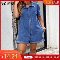 rompers women jumpsuits vonda ladies casual shorts sleeve solid pleated jumpsuits dungaree lapel collar button up short overalls