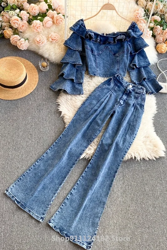 

Small Design Sense Suit Round Neck Strapless Ruffled Zipper Denim Jacket High Waist Flared Jeans Two-Piece Suit 2021 New Design