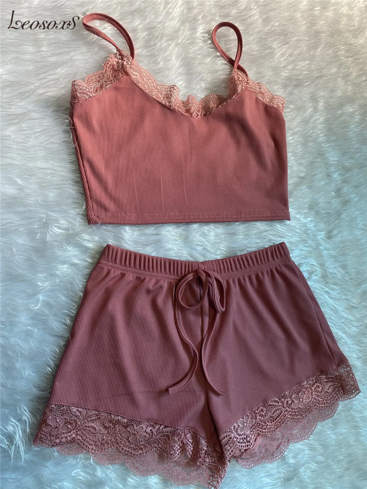 

Two Piece Pajama Set Sexy Lace Top And Shorts Pyjamas Spaghetti Strap Sleepwear High Elastic Pijama Nightie Home Clothes