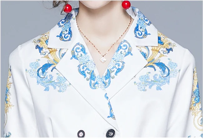 

JSXDHK Runway Spring Vintage Two Pieces Set Women Printed Double Breasted Long Sleeve Shirt Top + Mini Pleated Skirt Suit