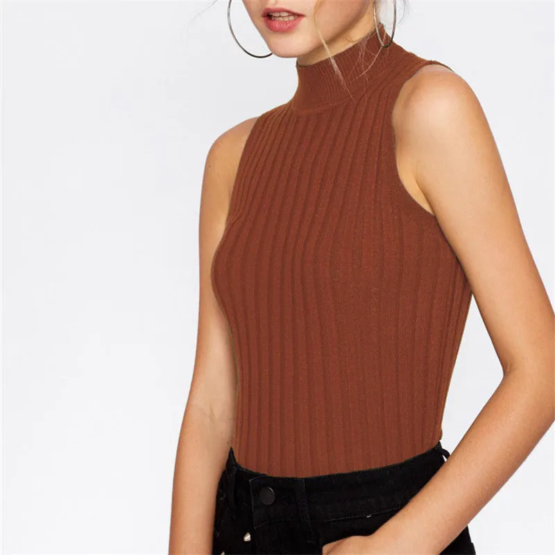 Женские короткие топы с высоким горлом вязаный жилет в рубчик Повседневная