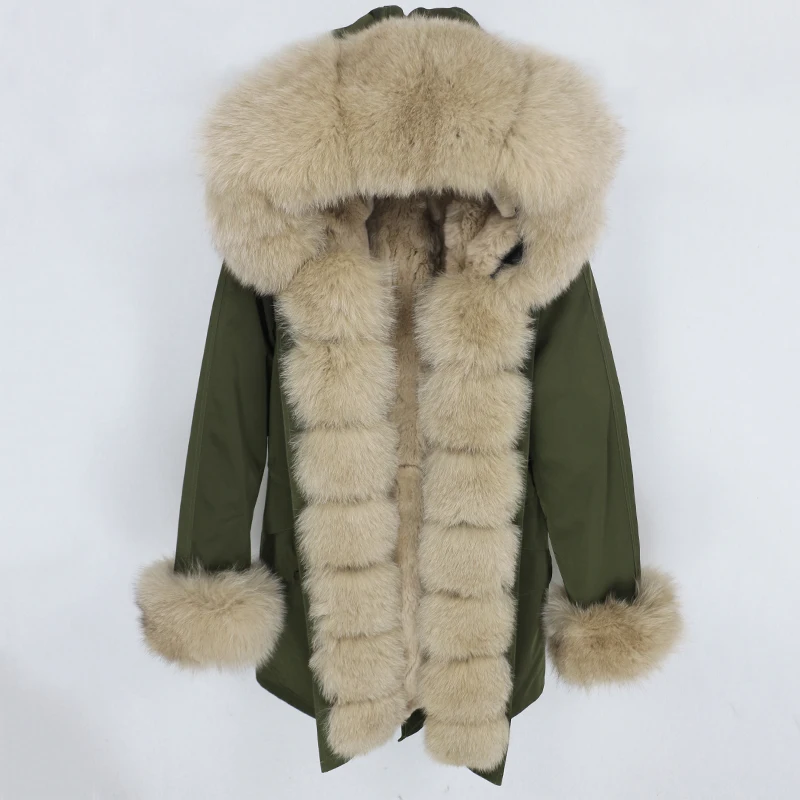 OFTBUY, водонепроницаемая парка, натуральное меховое пальто, зимняя куртка для женщин, воротник из натурального меха енота, капюшон, подкладка из натурального кроличьего меха, съемная - Цвет: green beige