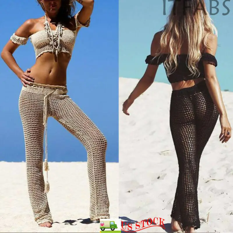 

2019 Women Knit See Through Fishnet Hollow Out Wide Leg Bikini Cover Up Swimwear Swimsuit Bathing Summer Beach Pants