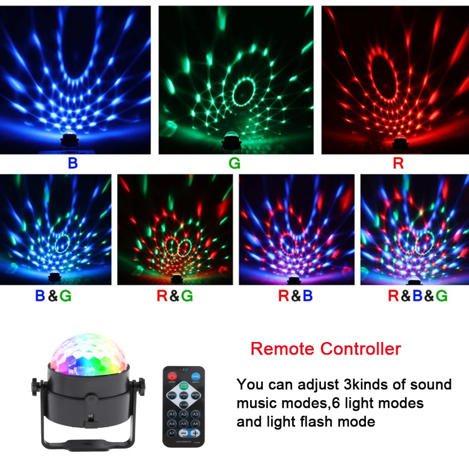 

Sound Activated Rotating RGB Disco Ball DJ Light LED Stage Light With Recmote Controller Christmas Led Party light Kids Gift