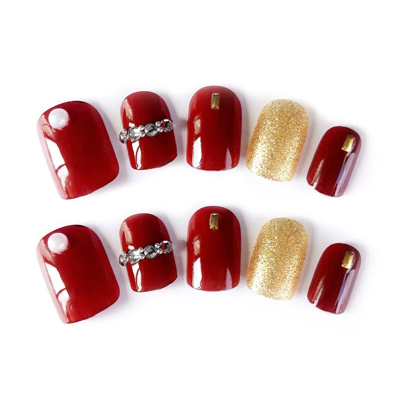 Законченный Маникюр 24 листа/Набор клей темно красный с бриллиантами накладные