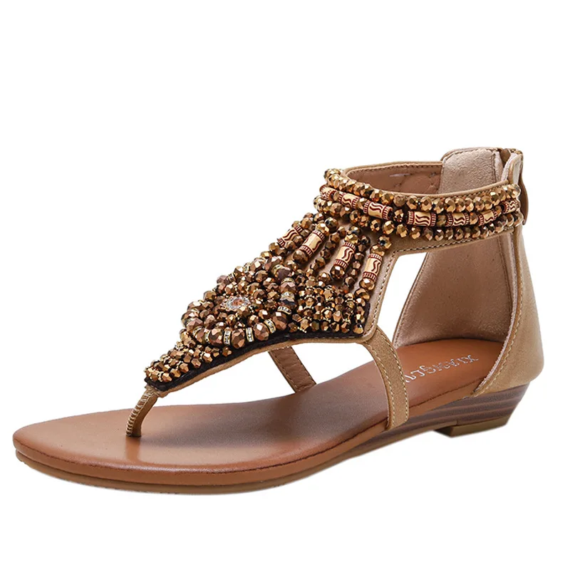 

2022 Summer New Style European and American Fashion Wild Slope with Rhinestones Rome Cool Vacation Pinch Sandals Female 588-3