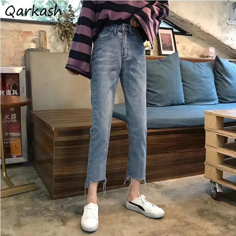 

Джинсы женские рваные прямые с высокой талией, универсальные Простые повседневные классические низ в стиле Харадзюку для подростков, лето