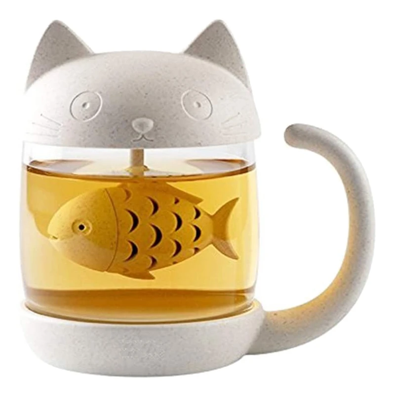 Милый Кот Стекло чашки Чай кружка с рисунком рыбы Infuser Filter 250ML(8 унций)
