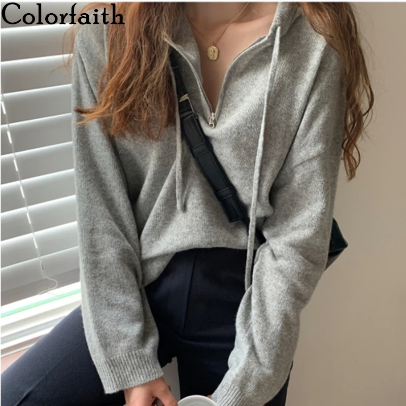 

Colorfaith, новинка 2020, осенне-зимние женские свитера, теплые пуловеры с капюшоном, большие размеры, минималистичные вязаные винтажные женские т...