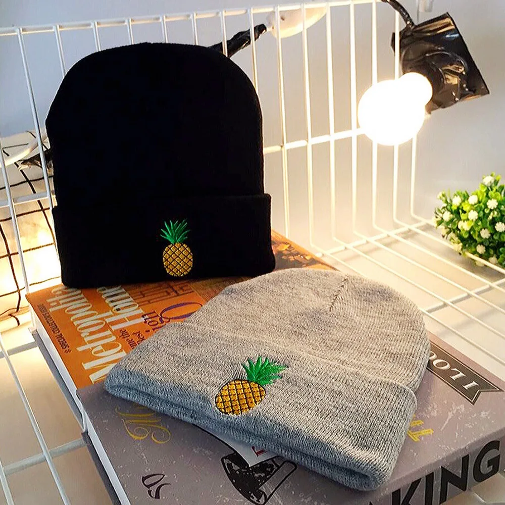 

Women Skullies Beanies for Female Acrylic Pineapple Pattern Embroidery Craft Comfortable Bouncy Keep Warm Lovely
