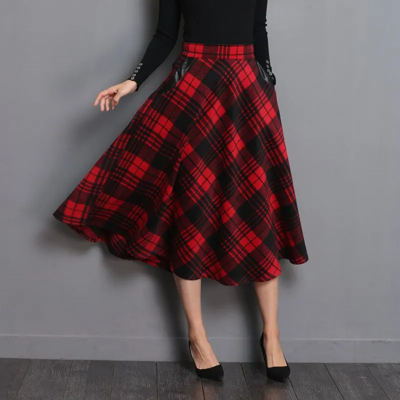 

Neophil England Style Red Plaid High Waist Midi Skirts Woolen Plus Size 3XL A Line Pleated 2021 Winter Women Tartan Skirts S1735