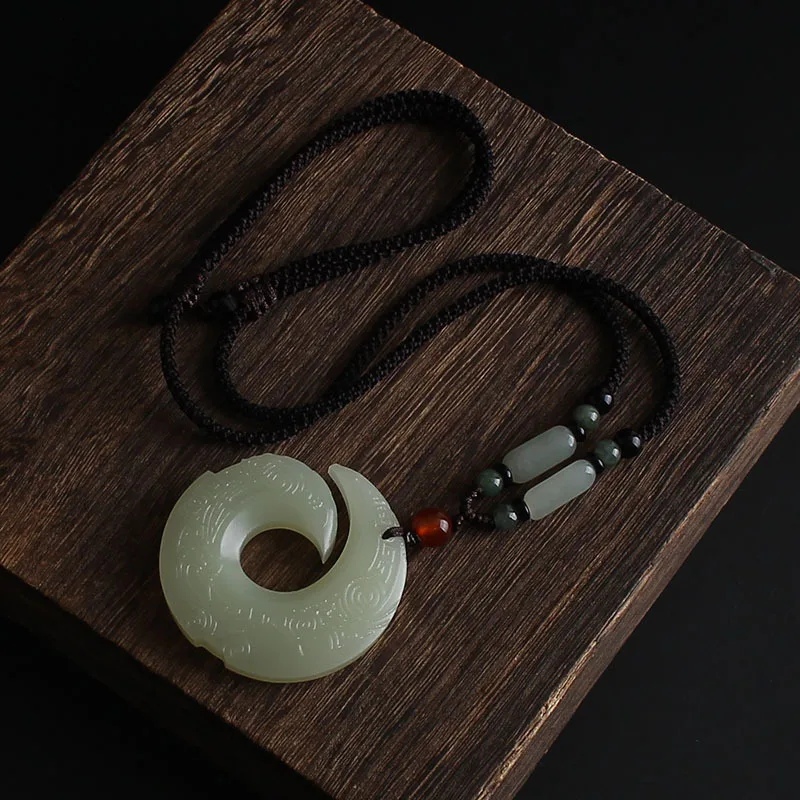 Natural White Chinese Jade Rune Pendant Fashion Necklace Charm Jewelry Double-sided Hollow Carved Amulet Gifts for Her Men | Украшения и