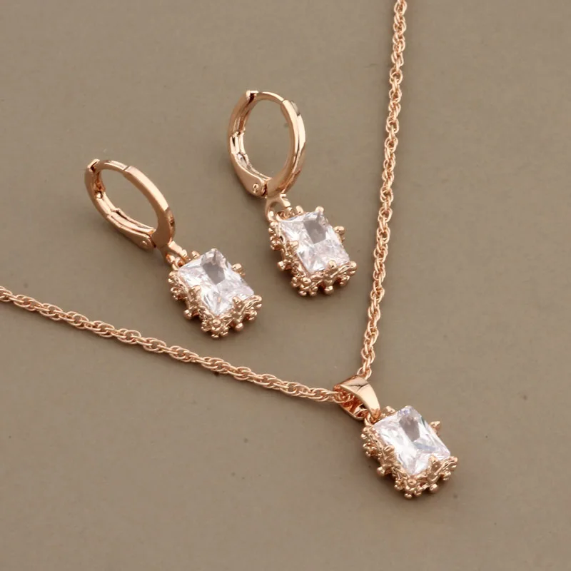 

2022 New Trend Jewelry Sets Square Natural Zircon Earrings and Pendant Rose Gold Color Metal Small Cute Necklace Wedding Gift