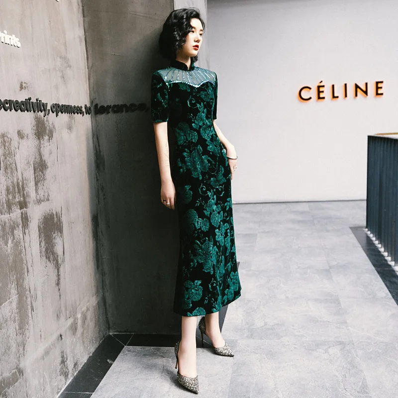 

Party Dress Female New Banquet Temperament Qipao Red Fishtail Dress Performance Velvet Three-Dimensional Printing Cheongsam