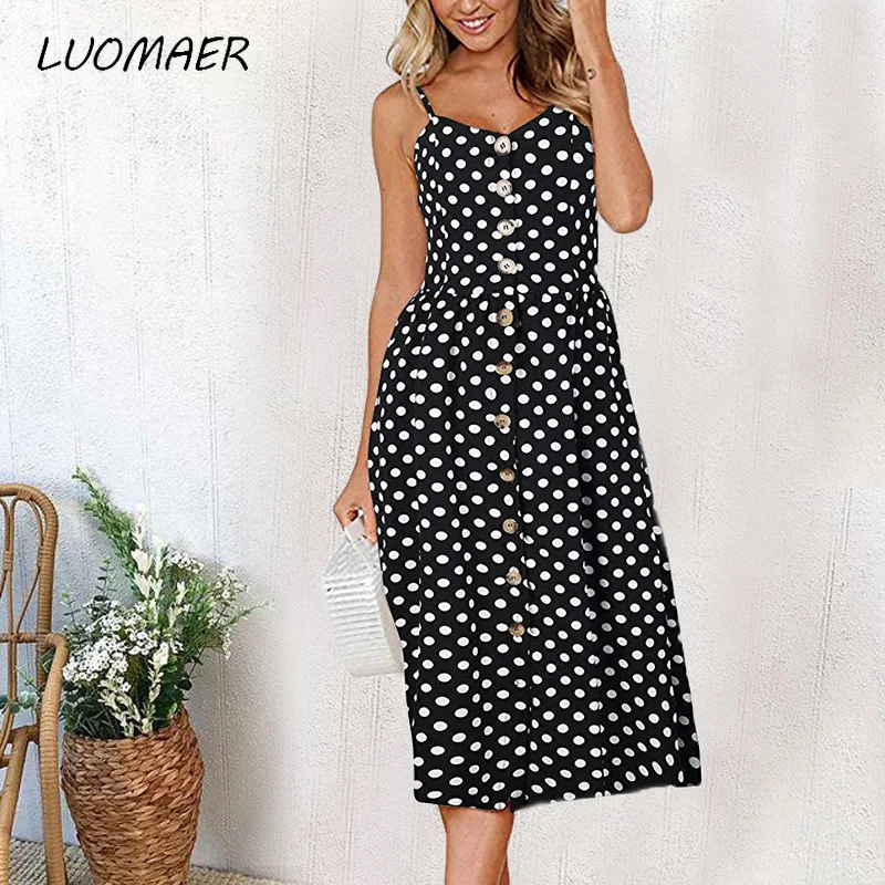 

Vintage Casual Sundress Female Beach Dress Midi Button Backless Polka Dot Striped Women Dress Summer 2020 Boho Sexy Floral Dress