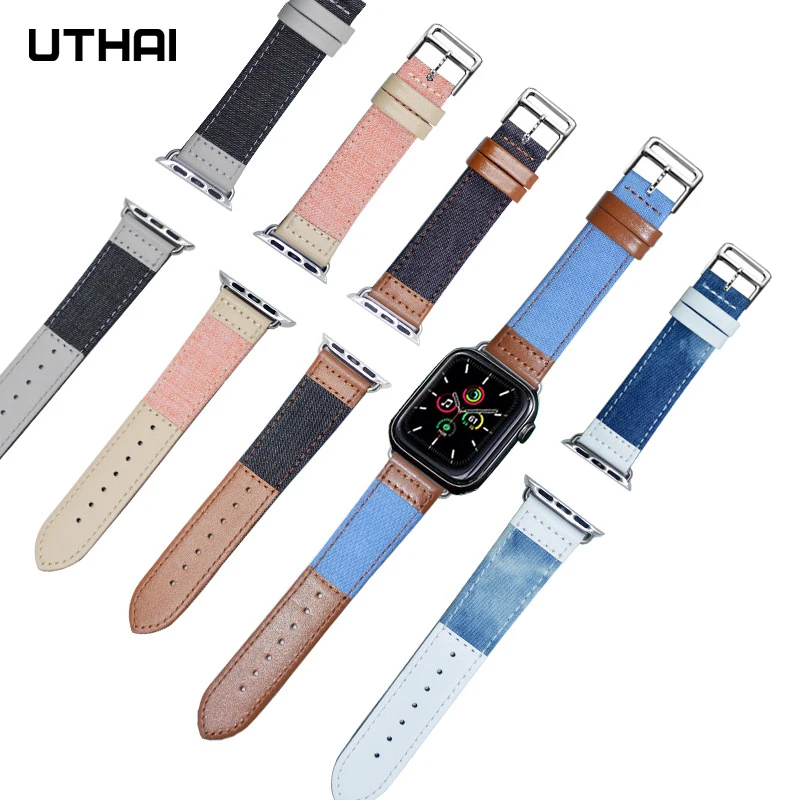 

Leather+Canvas Strap For Apple Watch Band 44mm 40mm 42mm 38mm For IWatch Series 1 2 3 4 5 6 SE Watchband UTHAI A87