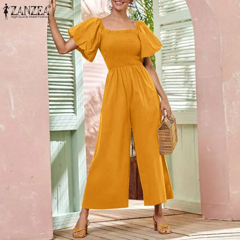 

Комбинезон ZANZEA женский с пышными рукавами, элегантный Свободный Повседневный однотонный Ромпер оверсайз с квадратным вырезом, на молнии сз...