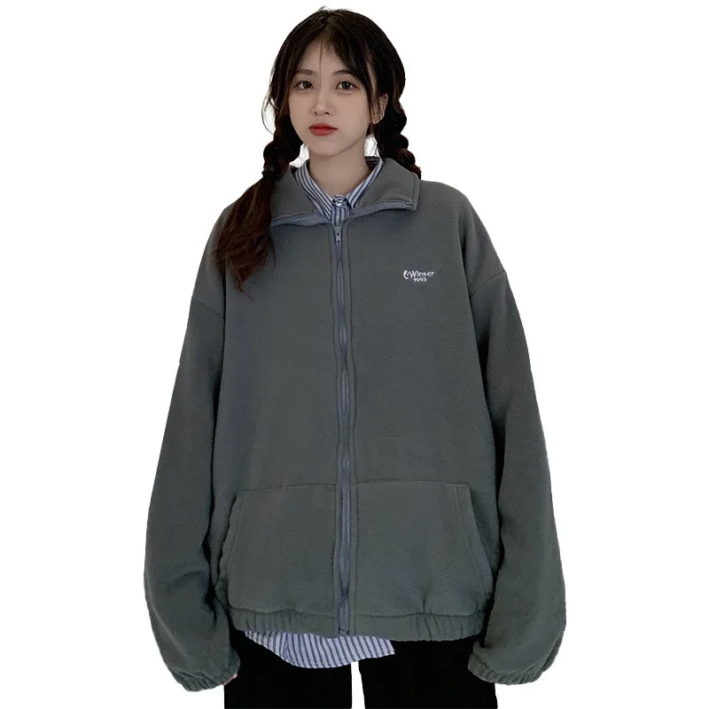 

Add velvet coat female new student loose polar fleece stand collar zipper long sleeve cardigan sweater female tide ins autumn