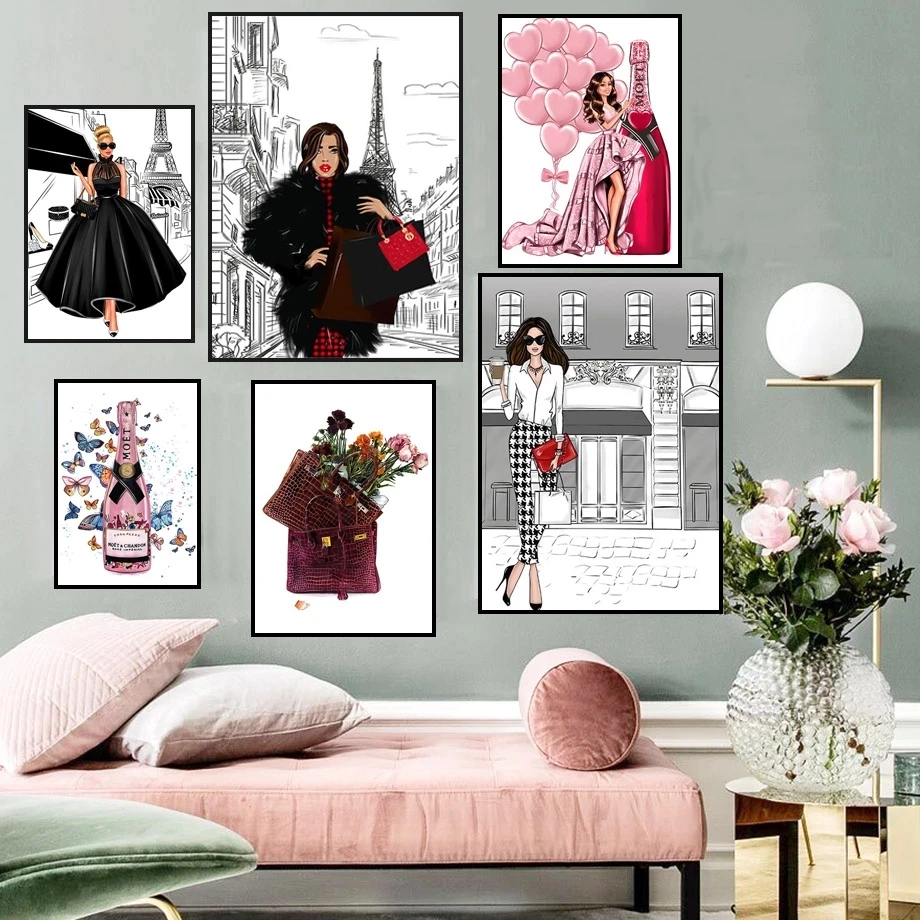 

Fashion Girl Canvas Printings Bag Balloon Champagne Salon Wall Art Print Figure Nordic Posters And Prints Pictures Home decor