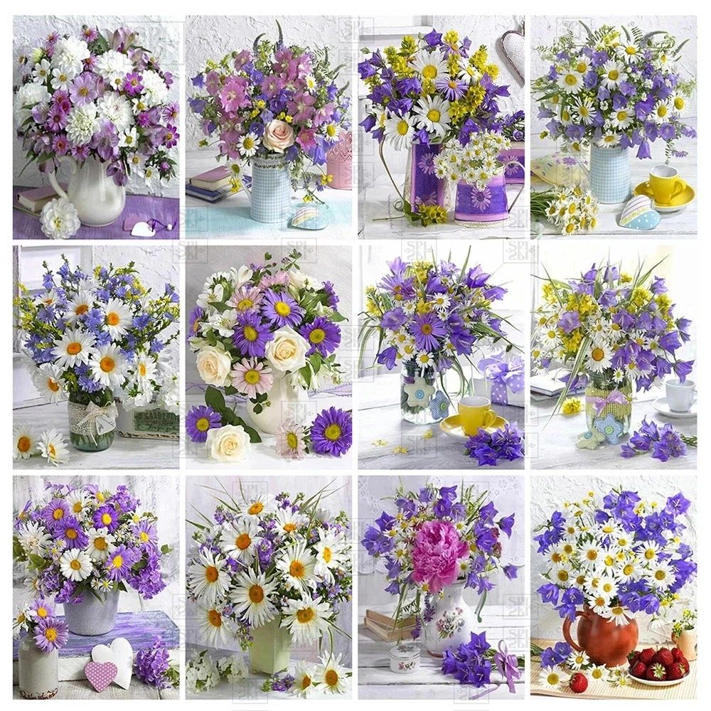 

5D Diamond Embroidery Cross Stitch Daisy Vase Diamond Painting Full Square Round Flower Mosaic Home Decor Hanging Pictures Gift