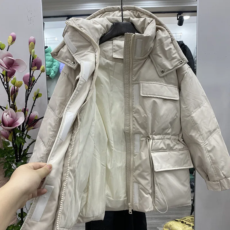 Winter Women Thick Warm Hooded 90% White Duck Down Short Parkas Loose Pocket Solid Down Coat Snow Outwear 2021 Clothing Straight
