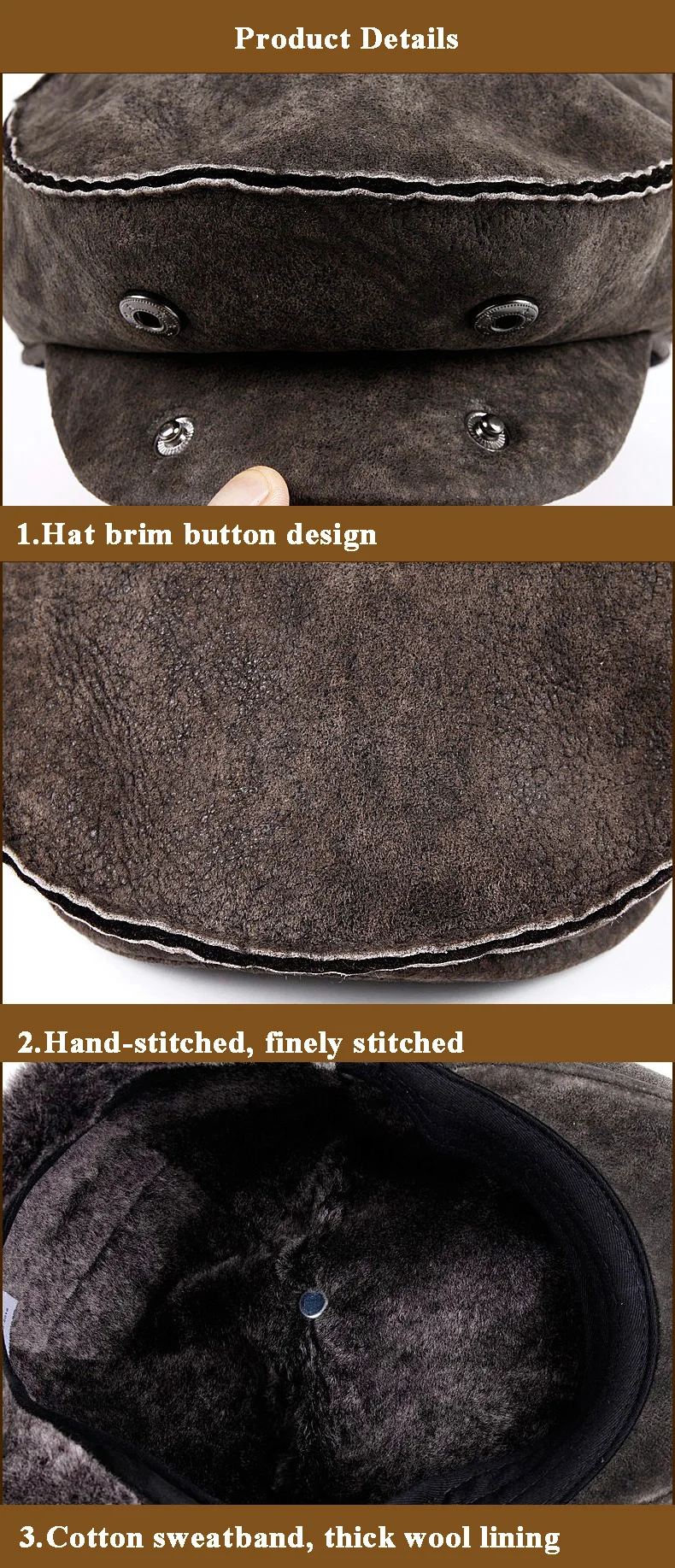 Winter Men Korean Thicken Hand-stitched Fur One Warm Forward Beret Male Genuine Leather Wool Hats Fitted black/Grey Tab Boina