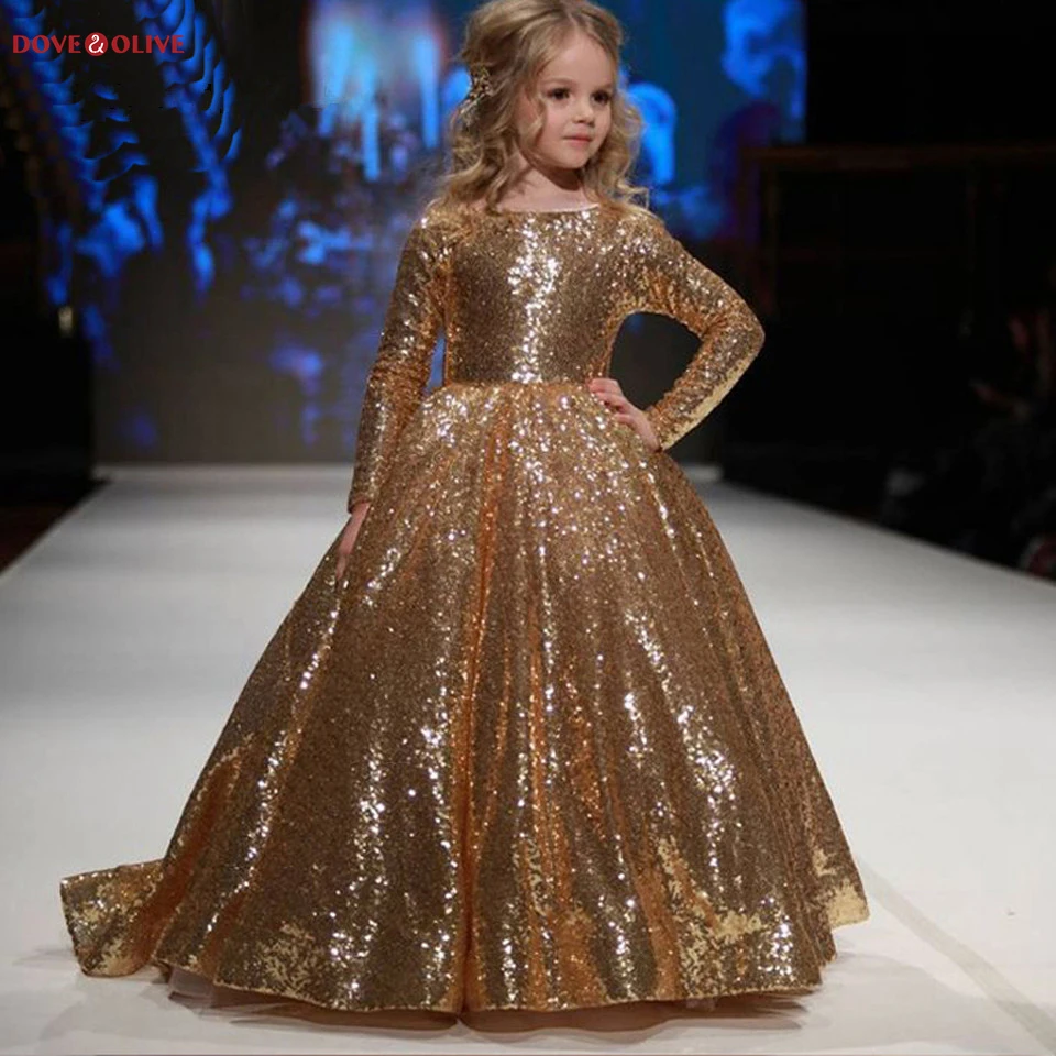 

Gold Sequined Bling Flower Girl Dresses Full Sleeves Cap Sleeve Ball Gown Sparkle vestido de novia princesa robe mariage petite