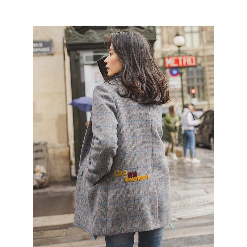 INMAN 2019 Winter New Arrival Turn Down Collar Waist Lacing One Button Embroidery Plaid Woolen Suit Coat |