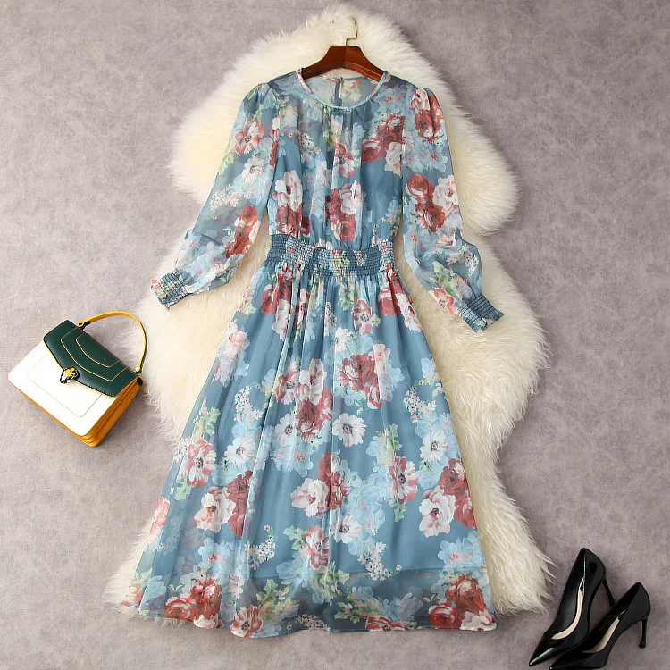 European and American women's wear for summer 2021  Long sleeved flower print  Fashion elastic-waisted pleated dress