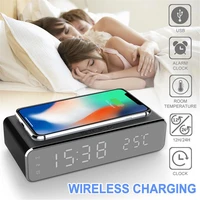 led alarm clock phone wireless charger qi charging pad digital thermometer for iphone airpods for iphone 12 11 pro xs max huawei
