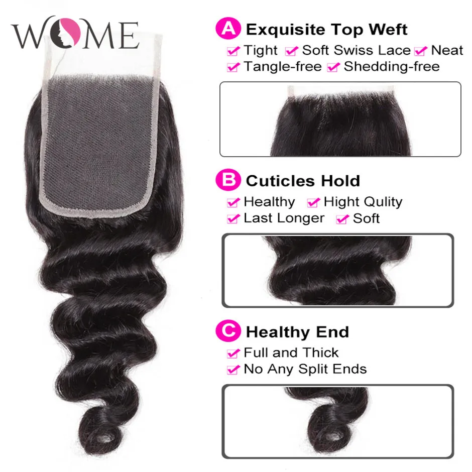 WOME Brazilian Loose Deep Wave Bundles With Closure Human Hair Non-remy Extensions 3 | Шиньоны и парики