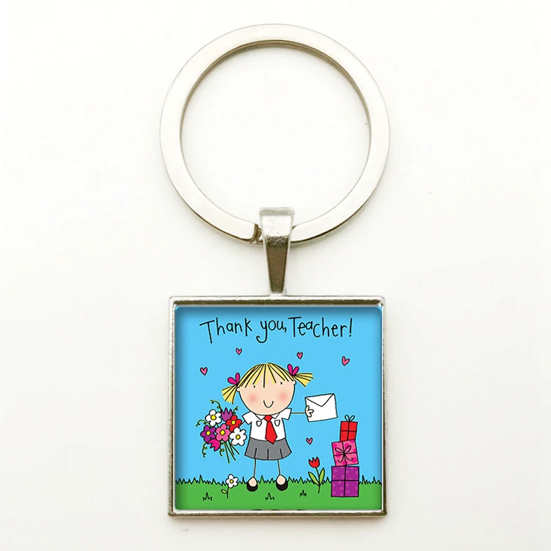 New Square Pendant Keychain Thank You Teacher Square Glass Convex Round Face Best Teacher Image Ever Key Ring Teacher's Day Gift images - 6