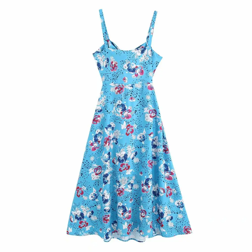 ZA Новое весеннее женское синее Цветочное платье с тонкими бретельками до