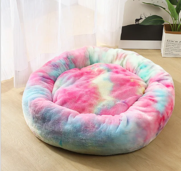 Colorful Круглая длинная плюшевая кровать для кошек, домик для домашних животных, мягкий коврик для кошек, круглая кровать для собаки для маленьких собак, гнездо для сна, подушка для щенка, Прямая поставка - Цвет: Colorful