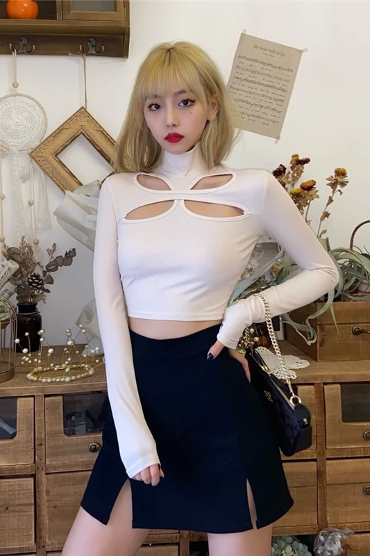 

Gagaopt autumn and winter new chest hollowed out small sexy solid color base shirt women's high collar open navel long sleeve