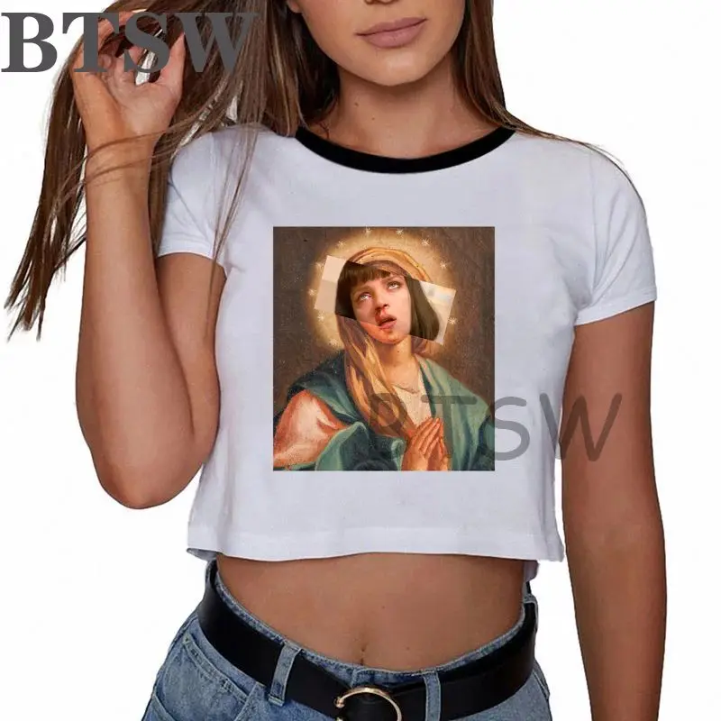 

Новое поступление, женская футболка криминальной фантастики Uma тёрман, свободная Модная одежда с короткими рукавами, кроп-топ, рубашка, топы...