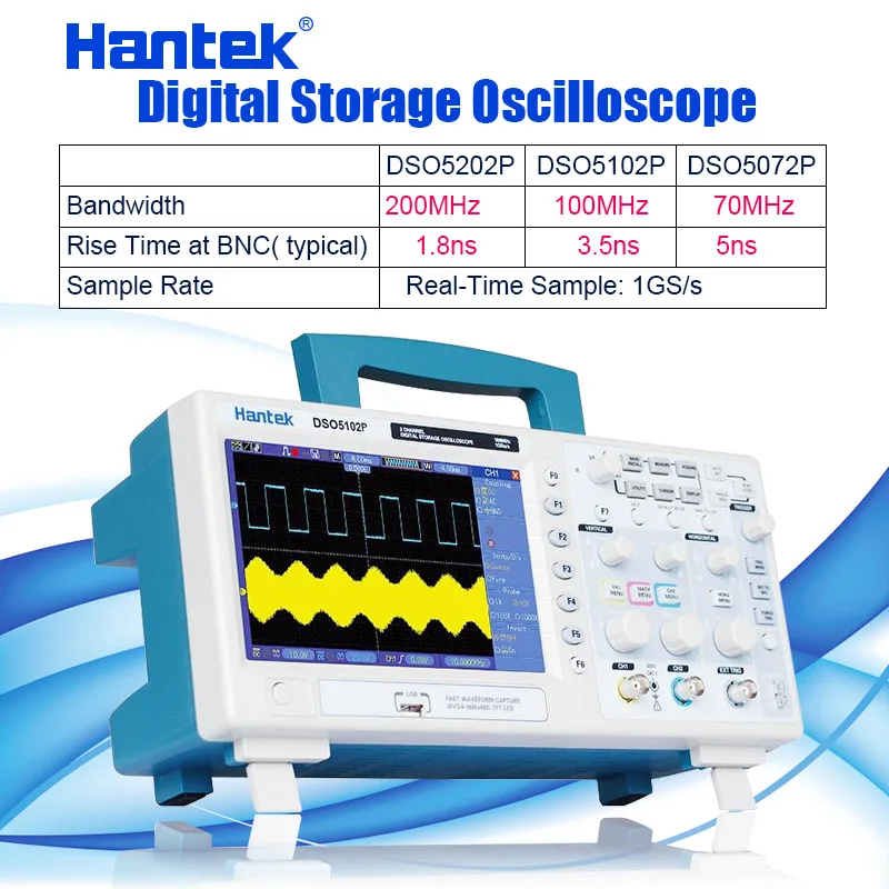 Hantek DSO5000P серия Цифровой осциллограф 70-200 МГц 2 канала 1GSa/s 7 ''TFT lcd цветной дисплей длина записи 40K