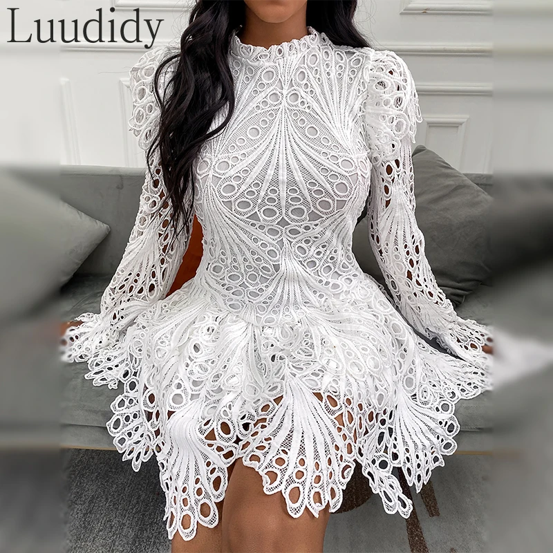 

2021Fashion Clubwear Women Sexy Lace Mini Dress Female Mini Crochet Hollow-out Flare Sleeve Lady Party Dress
