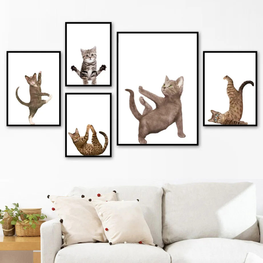 Настенная Картина на холсте с забавным котом гимнастикой котенком скандинавские