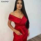 Женское атласное платье-русалка, красное вечернее платье с V-образным вырезом, открытыми плечами, разрезом сбоку и поясом, платье для выпускного вечера, 2021