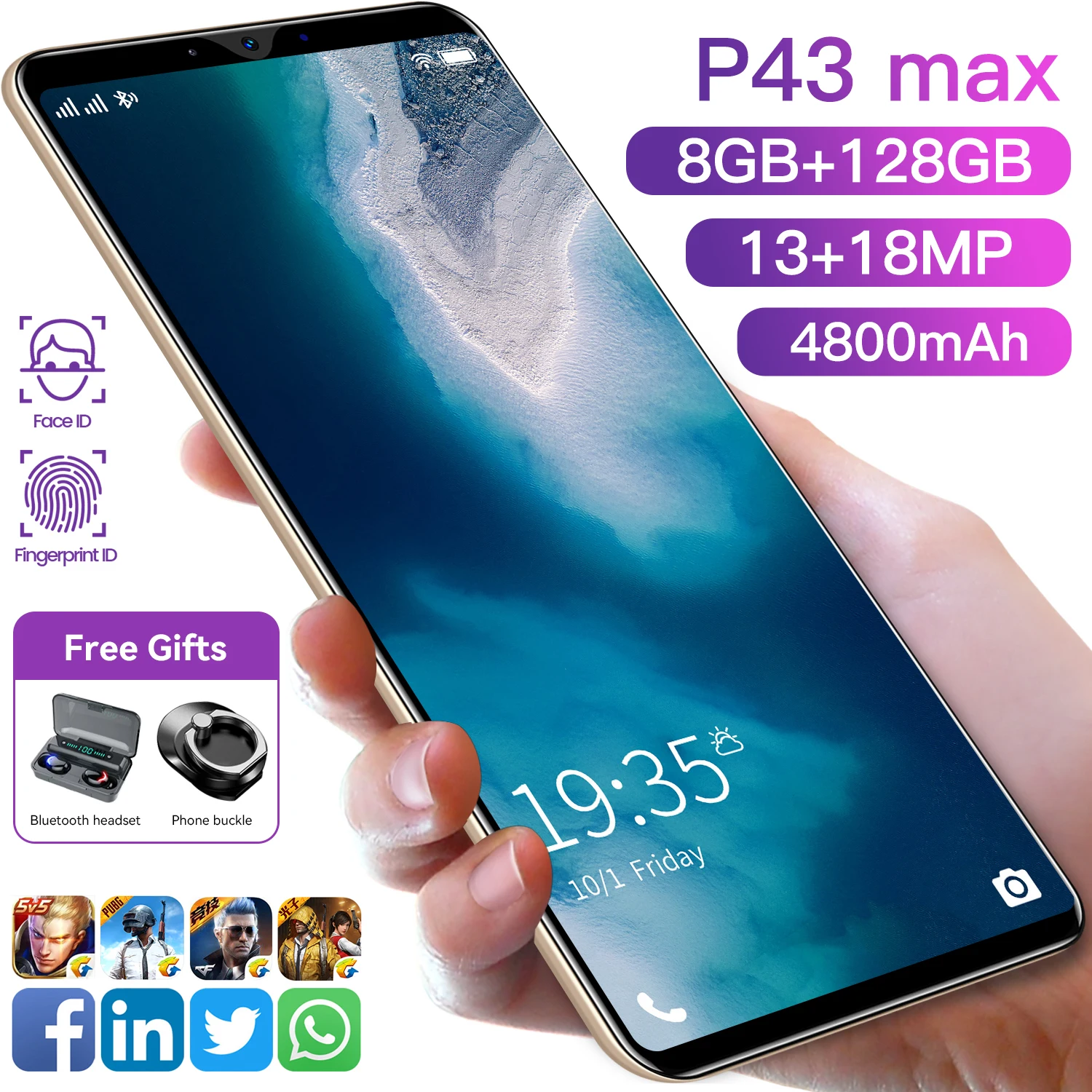 

P43 Max Smartphone 6.3-Inch Water Screen Large Screen Smart Phone 8+128GB 4800mAh 13+18MP Flash Memory Fingerprint Unlocking