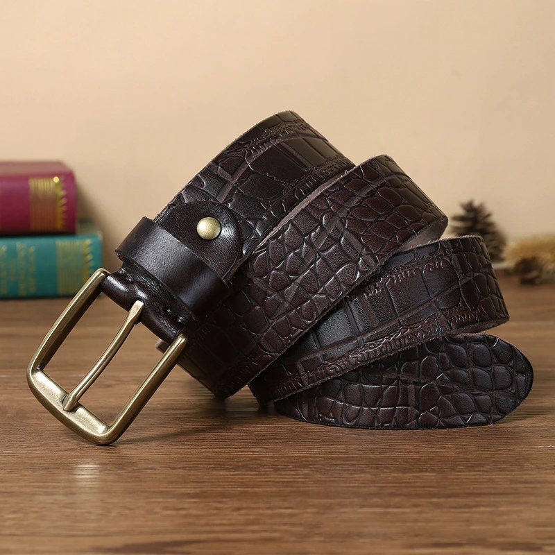 Fashion Men's Belt Brass Pin Belt Buckle Crocodile Pattern Genuine Leather Belt Male Jeans Design Belts For Men Waist Belt
