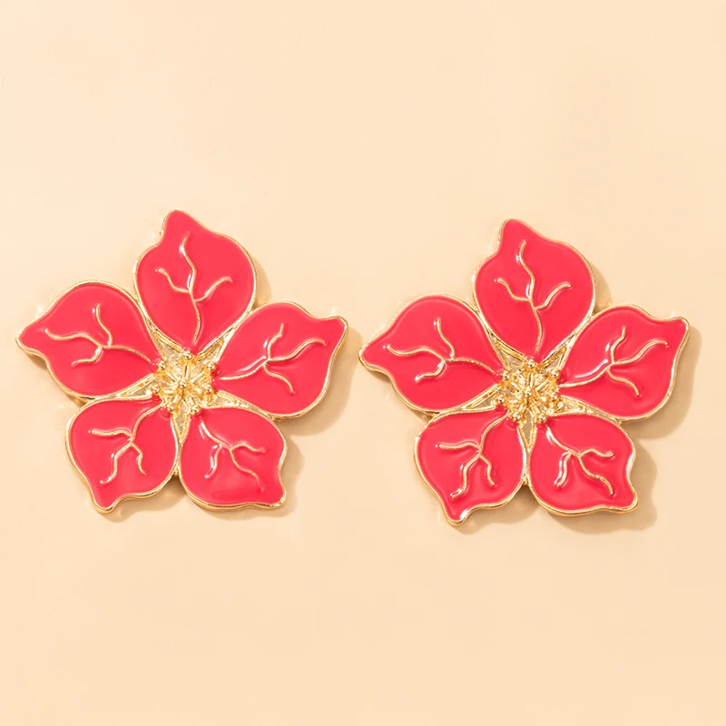 

HuangTang Boho Red Color Flower Stud Earrings for Women Girls Statement Dripping Oil Floral Earrings Jewelry Beach Accessories