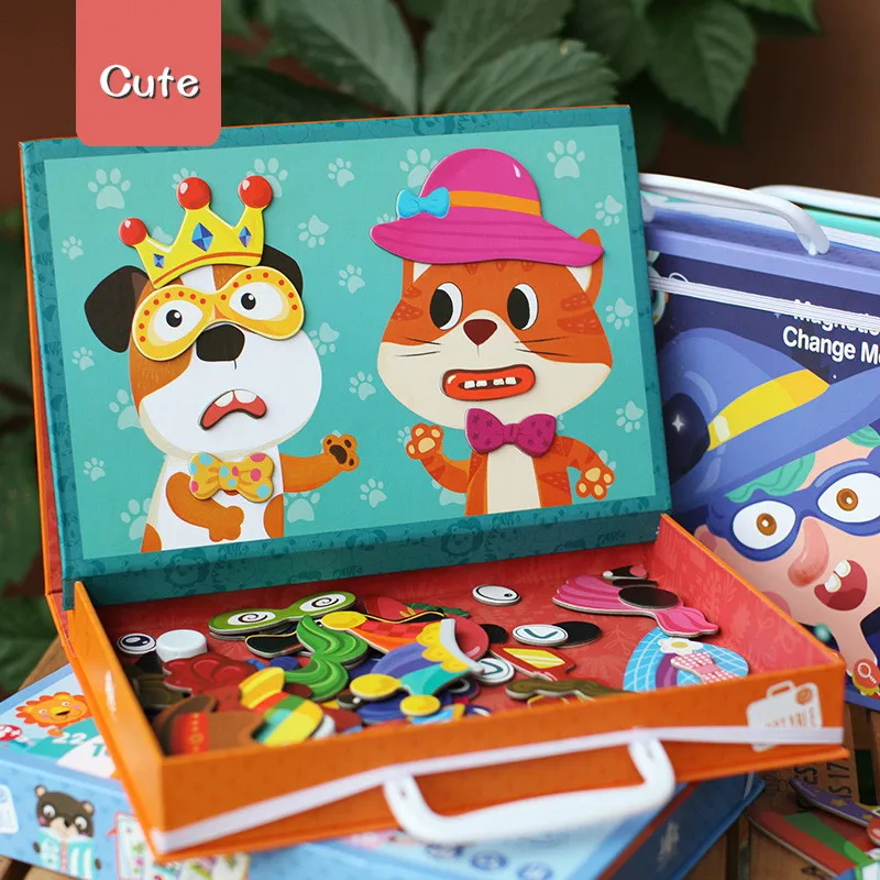 

Baby Early Educational Toy Fun Magnetic Puzzle Game Box Traffic /Animal/ People Cartoon Wooden Jigsaw Toys for Children