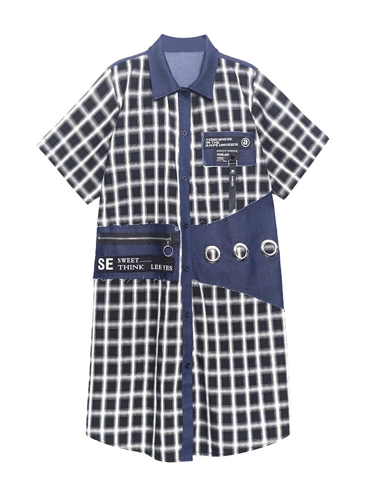 

XUXI Women Blue Plaid-Stitching Denim Dress 2021 Fashion Short Sleeve Mid-length Retro Shirt Over The Knee Dresses E1362