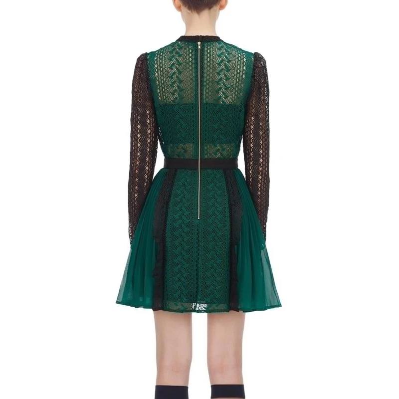 Elegant Tunic Crochet Lace Mini Dress Women 2019 Autumn New Long Sleeve Pleated Chiffon Dresses Female Bodycon Evening Vestidos | Женская