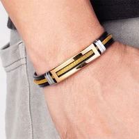 gold stainless steel bracelets for men black rubber bangle with chain double safe cuff silicone belt man hand jewelry gifts