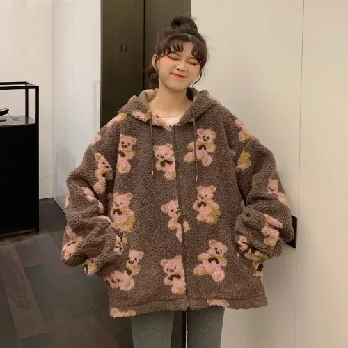 

Streetwear Thick Lamb Wool Bear Coat Zipper Oversized Outwear Cute Women Hoodie 2020 Winter Loose Hoodies Sweatshirts