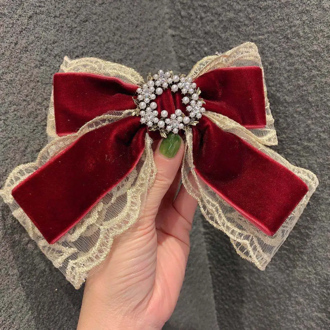 

Hair Clip Vintage Elegant Fabric Lace Bow knot Hairpin Pearl Spring Clip Velvet Bow Ribbon Hair Clips Pins Girls Accessories