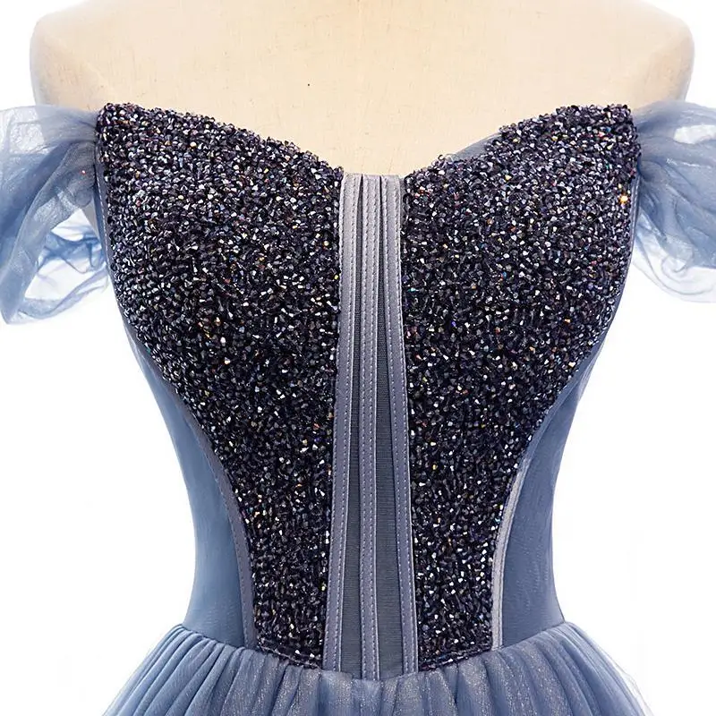 

Sexy Blue Prom Dresses Sweep Train Sparkling Sequins Beads Silver Gray Tulle Evening Gowns Formal Dress Party Vestidos De Fiesta